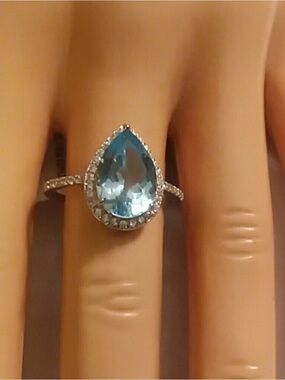 Silver Teardrop Blue Topaz Halo Ring, Size 8